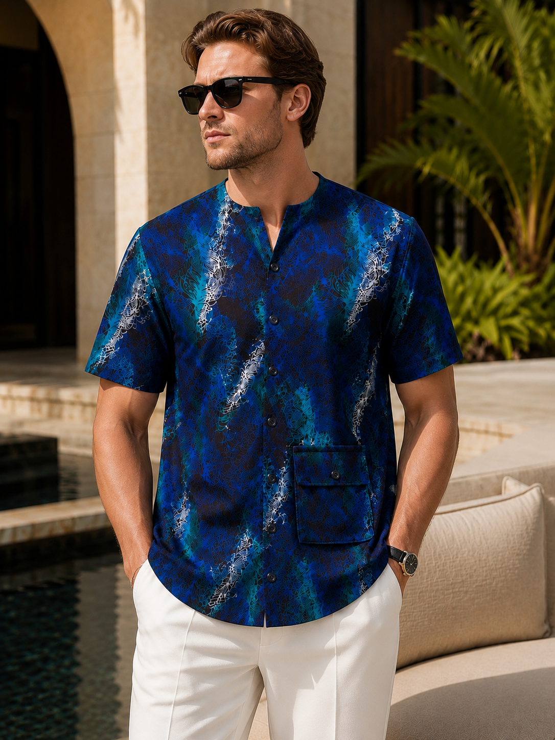 Ankara Classic Shirt - Electric Blue Storm print