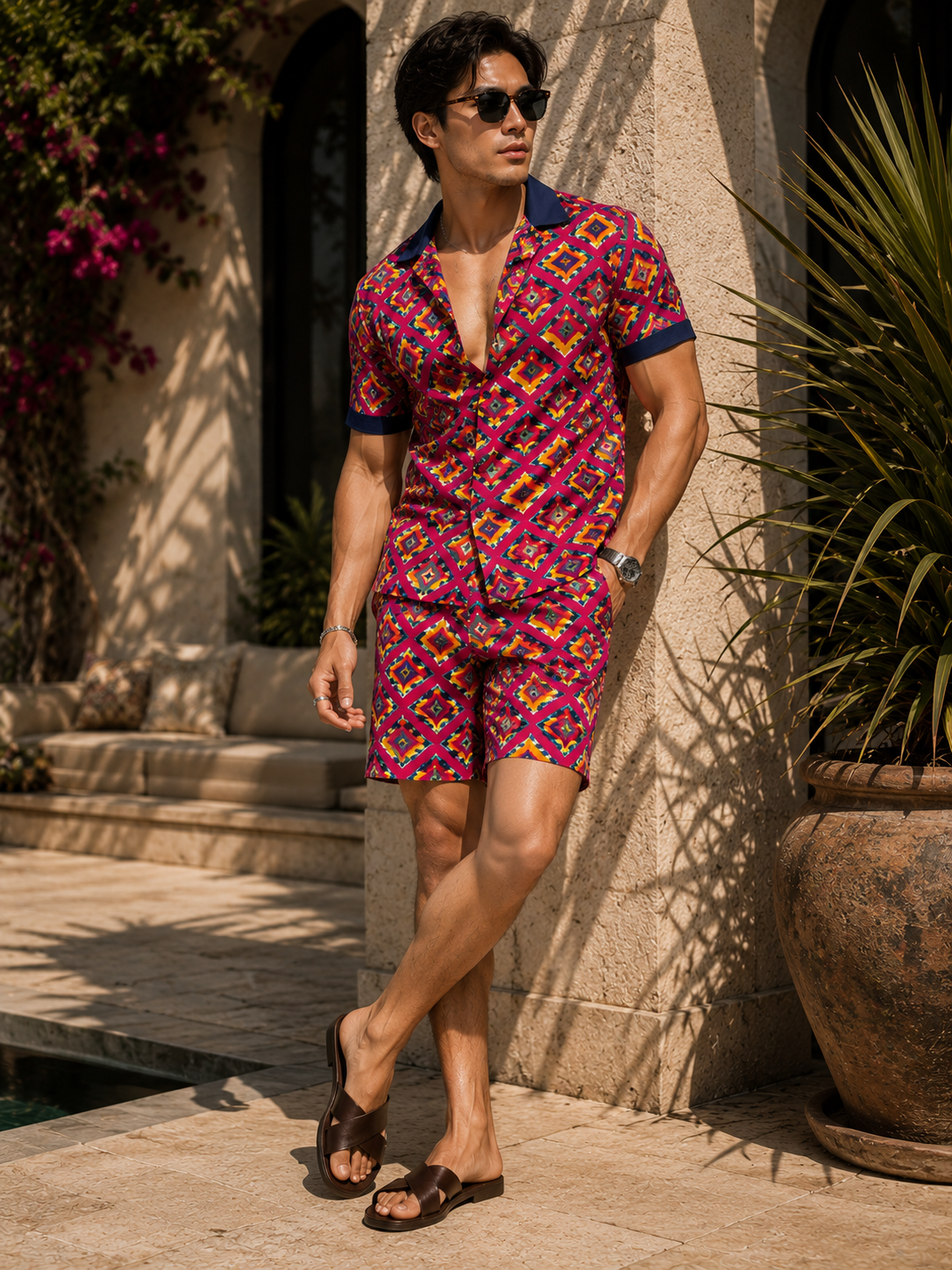 Ankara Classic short sleeve set - magenta diamond print
