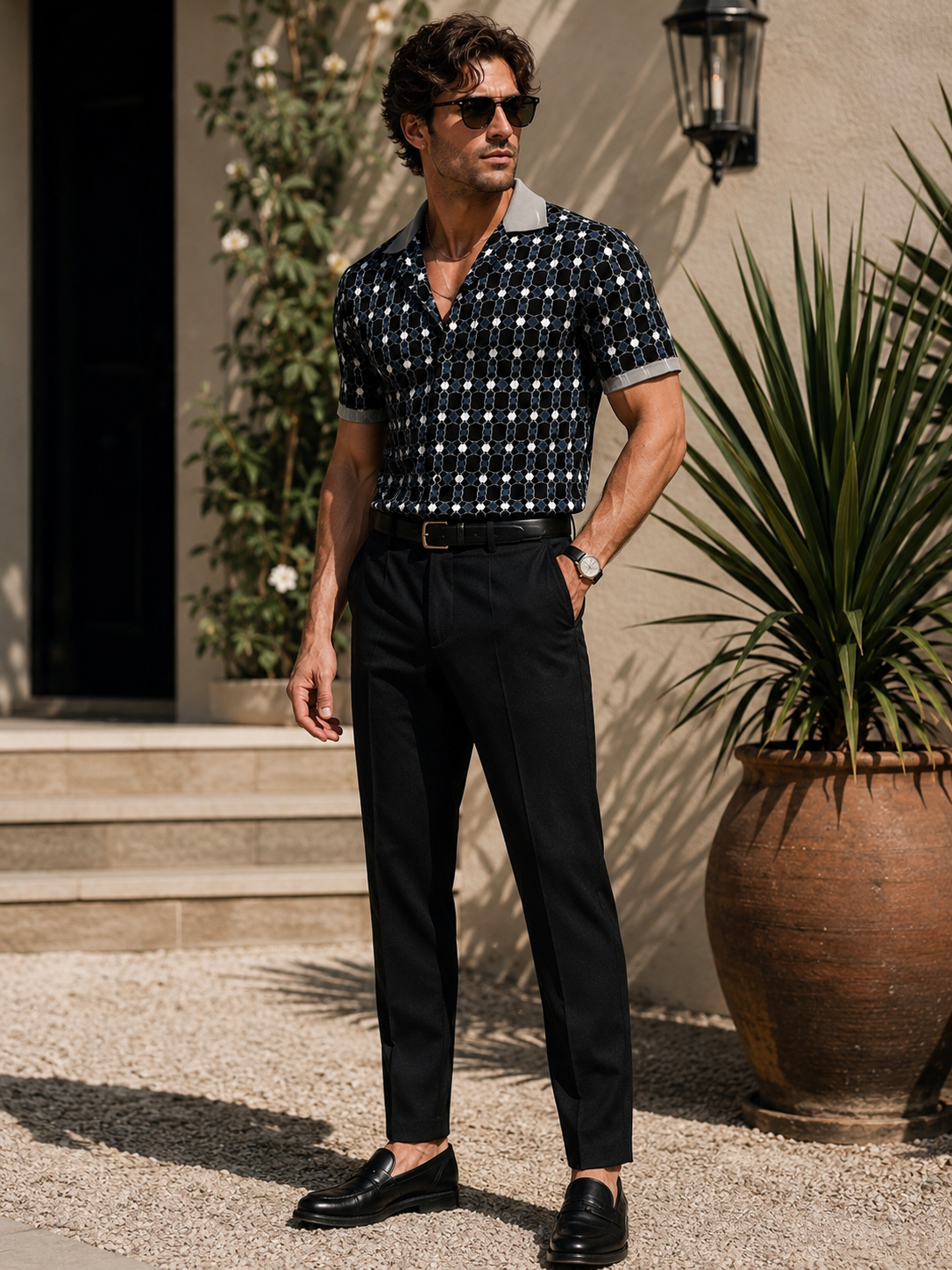 Ankara Classic short sleeve set - navy mosaic print