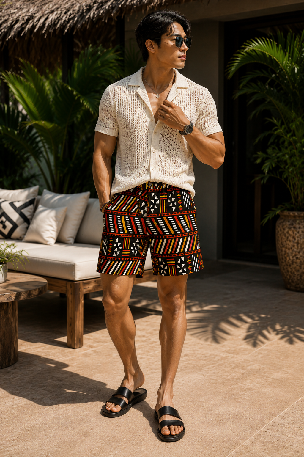 Ankara Splash shorts - Sunfire Mudcloth red and gold tribal print - Men's