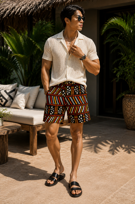 Ankara Splash shorts - Sunfire Mudcloth red and gold tribal print - Men's