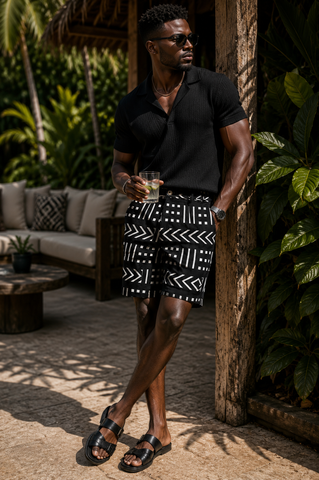 Ankara Splash shorts - Chevron Grid black and white print - Men's