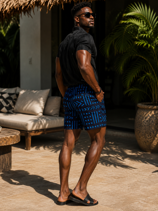 Ankara Splash shorts - Indigo Arrow navy and blue print - Men's