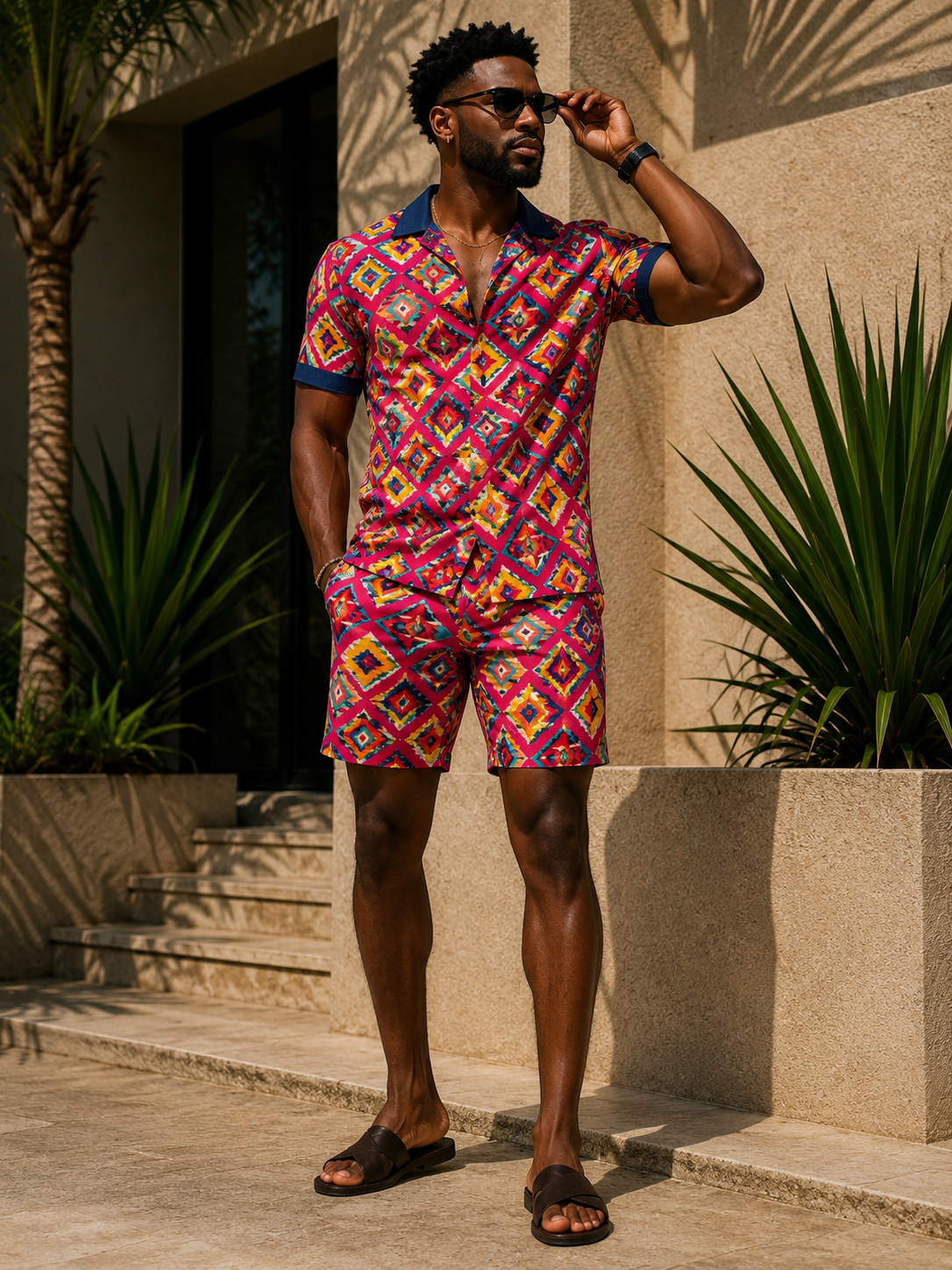 Ankara Classic short sleeve set - magenta diamond print