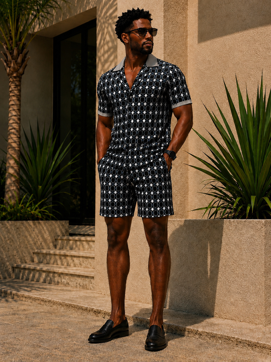 Ankara Classic short sleeve set - navy mosaic print