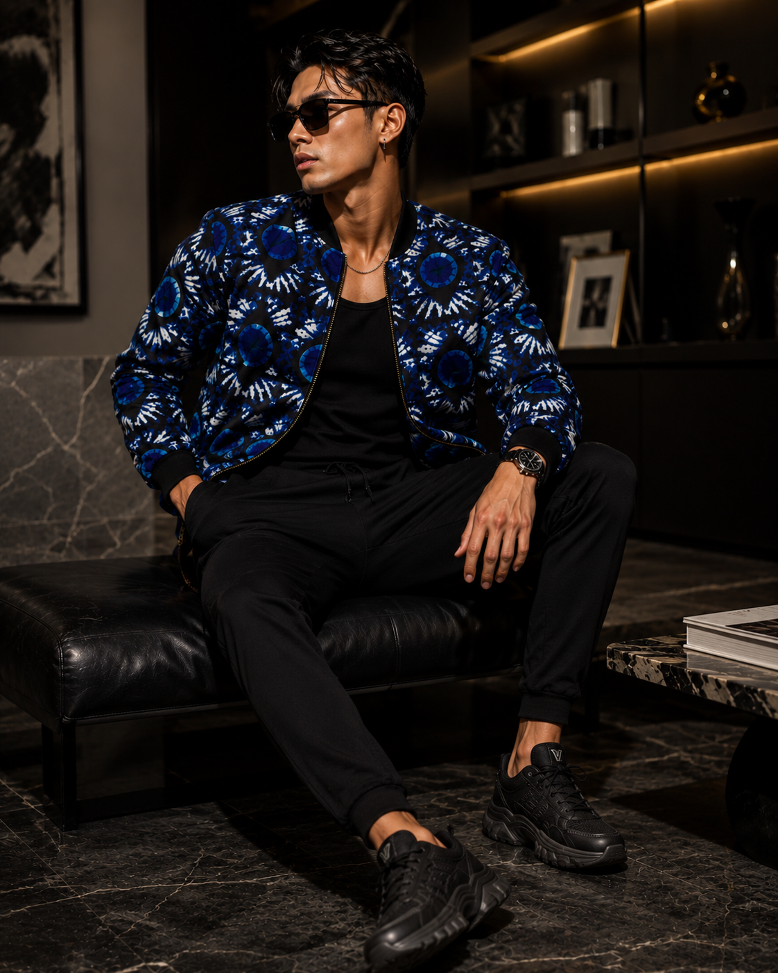 Ankara bomber jogger set - indigo tie-dye print
