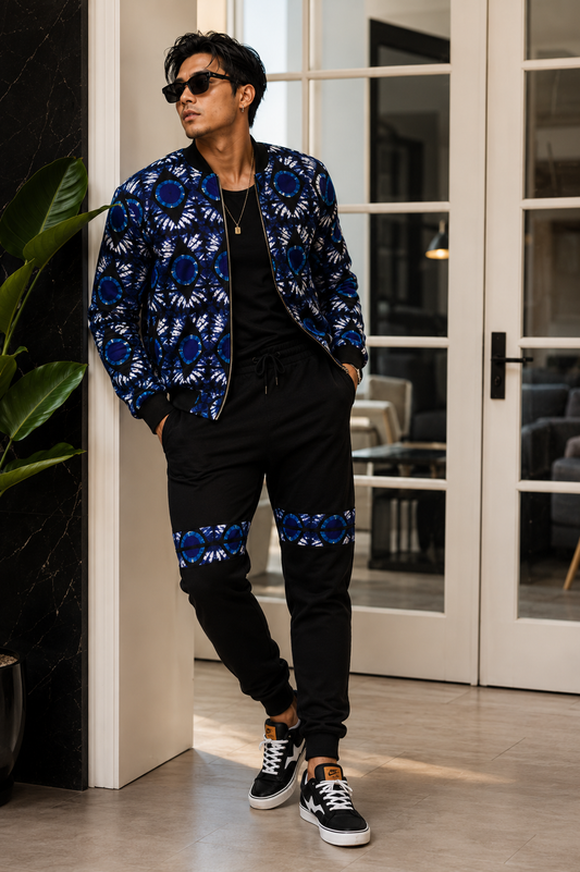 Ankara bomber jogger set - indigo tie-dye print