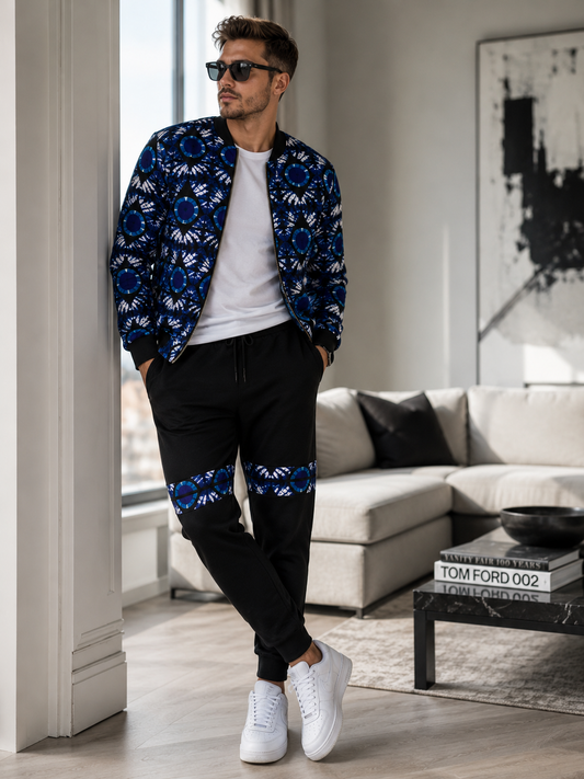 Ankara bomber jogger set - indigo tie-dye print