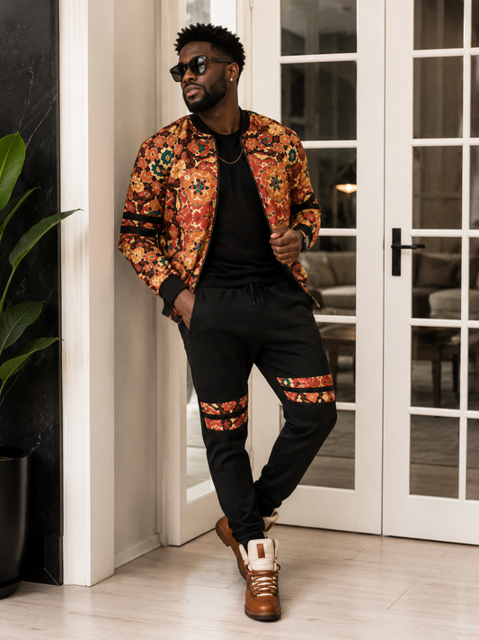 Ankara bomber jogger set - rust floral print