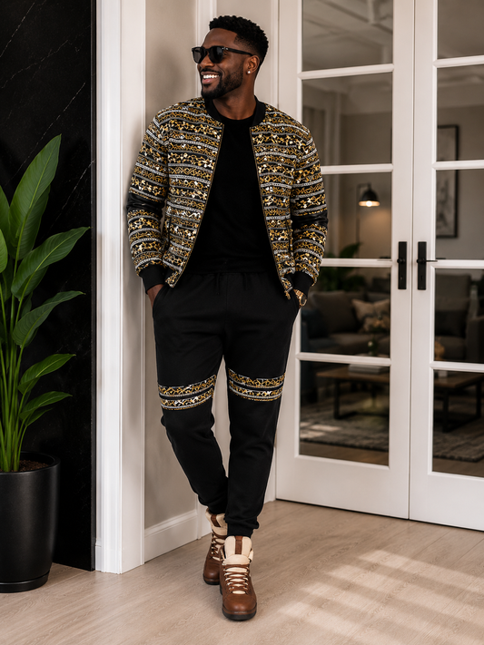Ankara bomber jogger set - gold leopard print