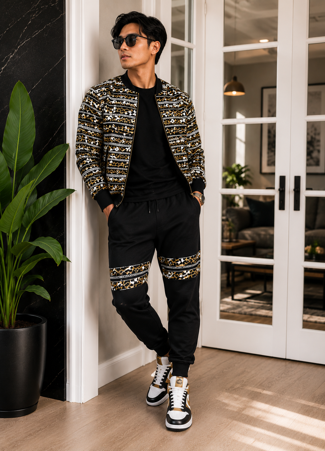 Ankara bomber jogger set - gold leopard print