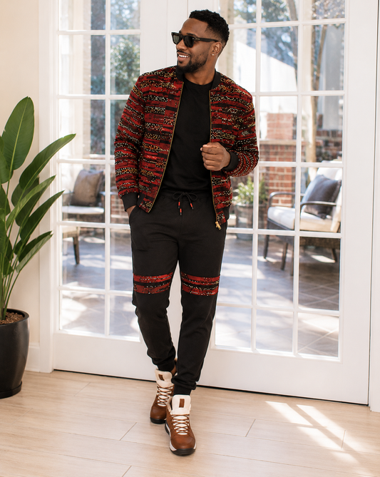 Ankara bomber jogger set - burgundy tweed print