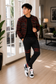 Ankara bomber jogger set - burgundy tweed print